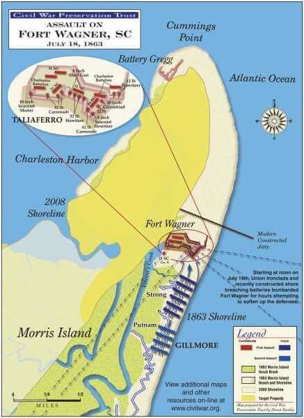 Map of Charleston Defenses At dusk July 18, 1863, General Quincy Adams Gillmore launched an attack on Fort Wagner spearheaded by the 54th Massachusetts Infantry, a black regiment. Members of the brigade scaled the parapet but were driven back with heavy casualties. 